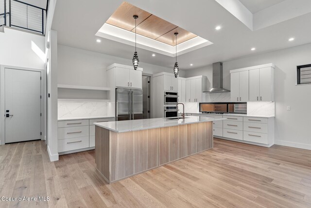 2867 W Lumber Ln, Coeur Dalene, ID 83814 - kitchen featuring stainless steel appliances, wall chimney range hood, open shelves, a tray ceiling, and a sink