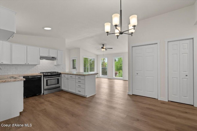 1303 N Cherrywood Dr, Coeur Dalene, ID 83814 - kitchen featuring dishwasher, stainless steel gas range oven, under cabinet range hood, a peninsula, and white cabinetry