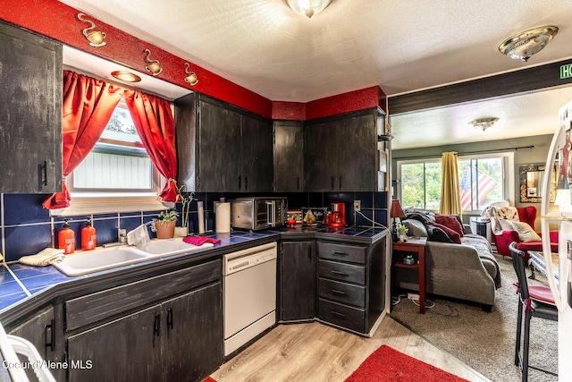 837 N 19th St, Coeur Dalene, ID 83814 - kitchen featuring dishwasher, light wood finished floors, backsplash, a sink, and a textured ceiling