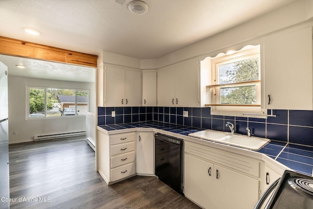 837 N 19th St, Coeur Dalene, ID 83814 - kitchen featuring black appliances, tile countertops, a baseboard heating unit, a sink, and dark wood-style floors