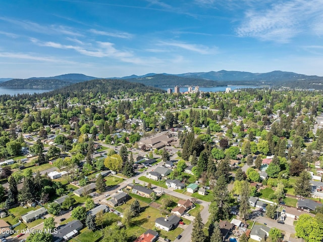 837 N 19th St, Coeur Dalene, ID 83814 - aerial overview of property's location with a water and mountain view and nearby suburban area