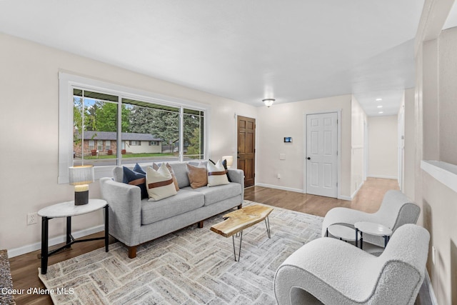 living room featuring wood finished floors and baseboards