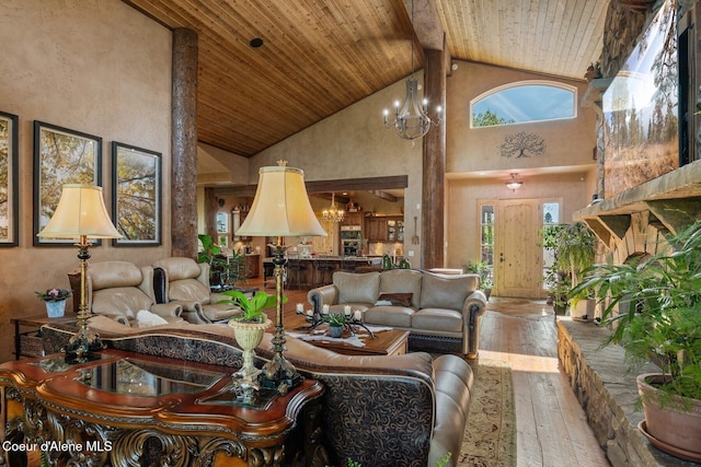 16829 S Lazurite Dr, Coeur Dalene, ID 83814 - living area featuring a chandelier, hardwood / wood-style flooring, high vaulted ceiling, wooden ceiling, and beam ceiling