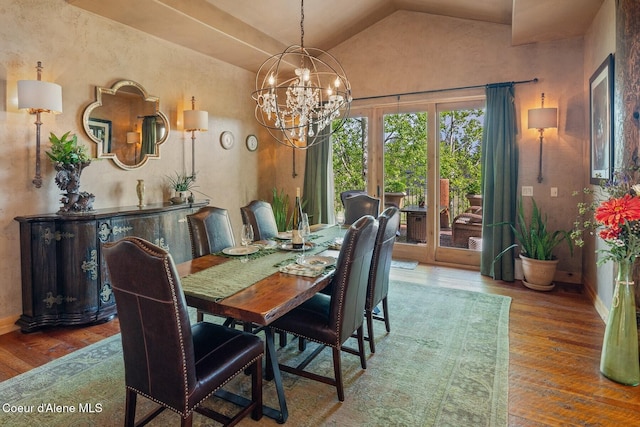16829 S Lazurite Dr, Coeur Dalene, ID 83814 - dining area featuring wood-type flooring, baseboards, a chandelier, and lofted ceiling