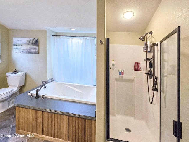 29429 N Silver Meadows Loop, Athol, ID 83801 - bathroom featuring toilet, a stall shower, a garden tub, and a textured ceiling