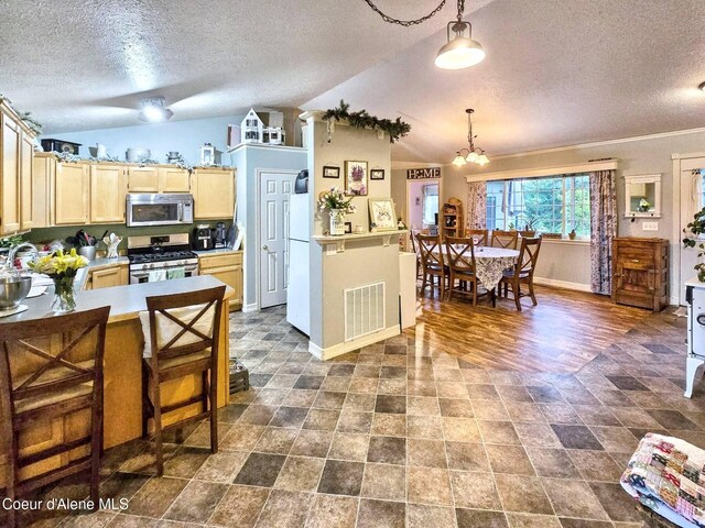 29429 N Silver Meadows Loop, Athol, ID 83801 - kitchen with appliances with stainless steel finishes, a textured ceiling, vaulted ceiling, baseboards, and a chandelier