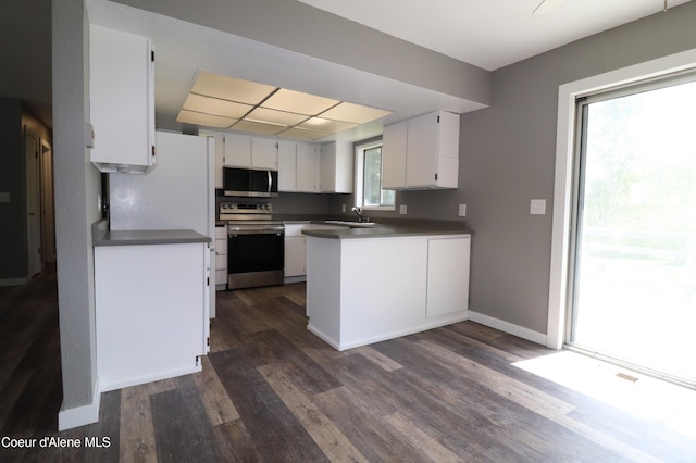 kitchen with appliances with stainless steel finishes, dark wood-style flooring, a sink, a peninsula, and white cabinets