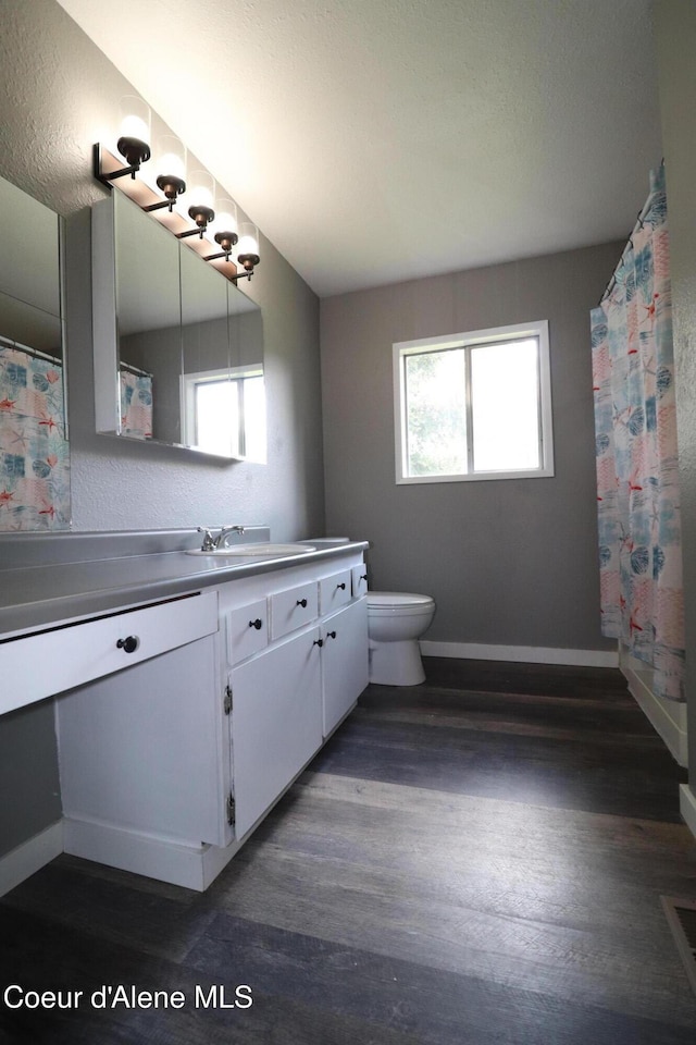 bathroom with wood finished floors, vanity, baseboards, and plenty of natural light