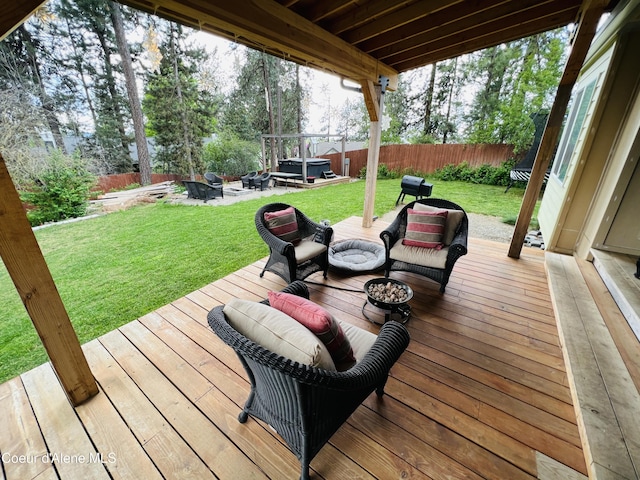 8351 N Audubon Dr, Hayden, ID 83835 - wooden deck featuring a hot tub and a fire pit