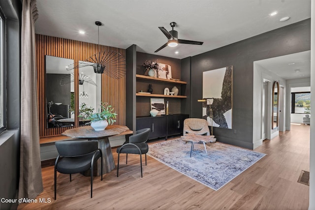 55 S Thistle Down Ln, Laclede, ID 83841 - dining room with light wood-style flooring, ceiling fan, built in shelves, recessed lighting, and baseboards