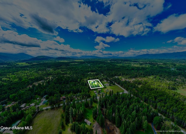 6699 Colburn Culver Rd, Sandpoint, ID 83864 - aerial view of property and surrounding area featuring a heavily wooded area, property parcel outlined, and mountains
