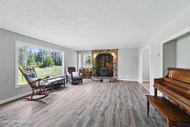 6699 Colburn Culver Rd, Sandpoint, ID 83864 - sitting room with a wood stove, wood finished floors, a textured ceiling, baseboards, and arched walkways
