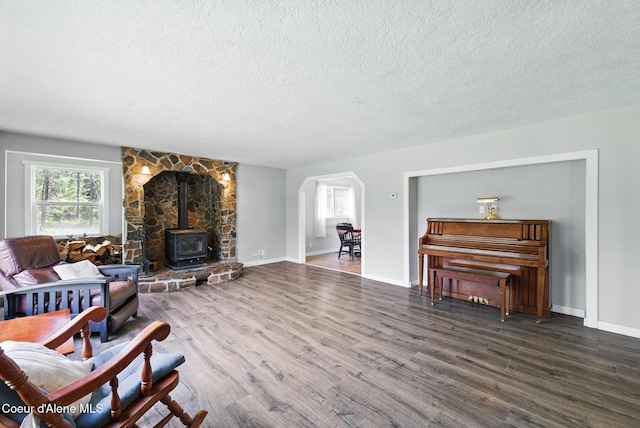 6699 Colburn Culver Rd, Sandpoint, ID 83864 - living room with a textured ceiling, a wood stove, arched walkways, wood finished floors, and baseboards