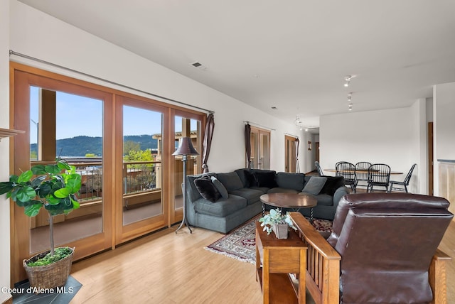 living area featuring light wood-style flooring and a mountain view