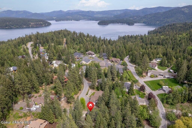 8694 N Clarkview Pl, Hayden Lake, ID 83835 - aerial overview of property's location with a heavily wooded area and a water and mountain view