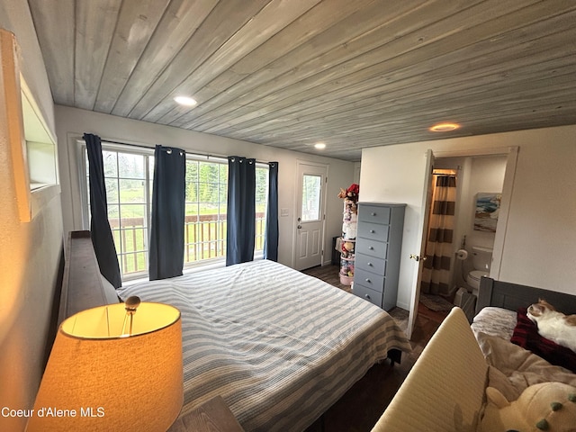 bedroom with wood ceiling, recessed lighting, wood finished floors, and access to outside