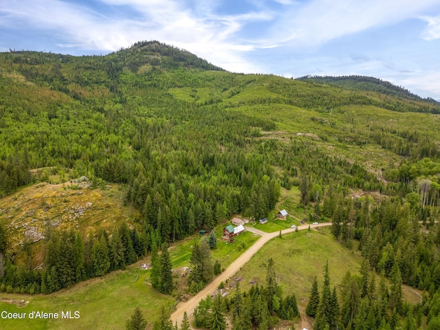 bird's eye view of a heavily wooded area and mountains
