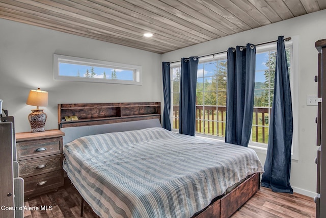 bedroom with multiple windows, wood finished floors, baseboards, and recessed lighting