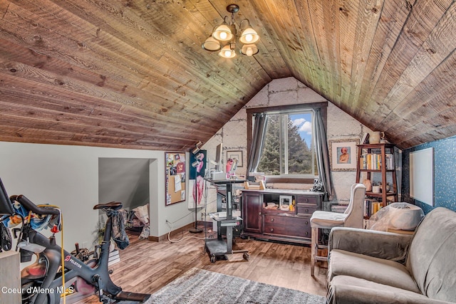 home office with wood ceiling, lofted ceiling, hardwood / wood-style flooring, baseboards, and a chandelier