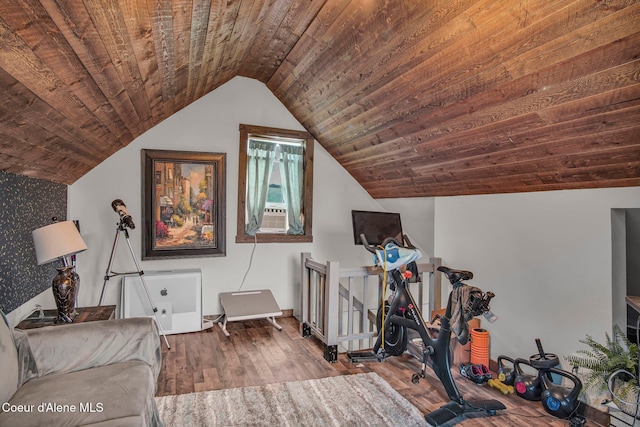 workout area featuring wood ceiling, lofted ceiling, wood finished floors, and cooling unit