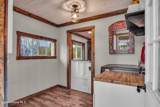 doorway to outside with dark wood-type flooring and baseboards