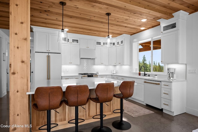 3298 W Coon Creek Rd, Plummer, ID 83851 - kitchen with white appliances, wood ceiling, a sink, tasteful backsplash, and white cabinetry