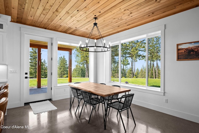 3298 W Coon Creek Rd, Plummer, ID 83851 - dining space with wooden ceiling, plenty of natural light, a chandelier, and finished concrete floors