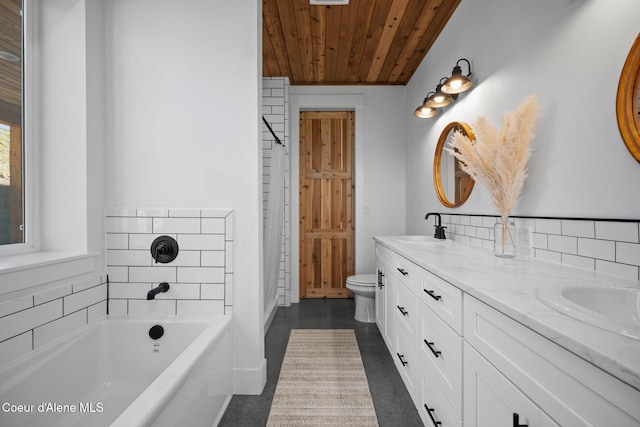 3298 W Coon Creek Rd, Plummer, ID 83851 - full bath featuring wooden ceiling, a garden tub, tasteful backsplash, double vanity, and toilet
