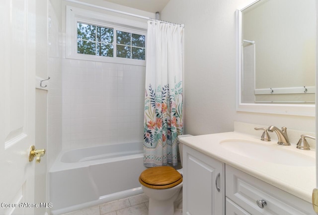 684 Chute Canyon Way, Bonners Ferry, ID 83805 - bathroom with toilet, shower / bathtub combination with curtain, vanity, and tile patterned flooring