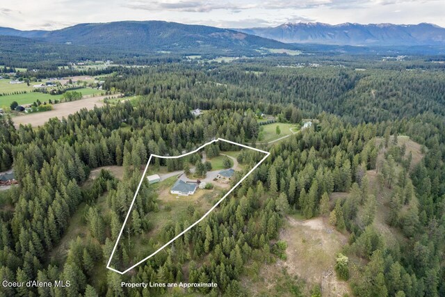 684 Chute Canyon Way, Bonners Ferry, ID 83805 - aerial view of property's location with a heavily wooded area, property boundaries highlighted, and a mountainous background