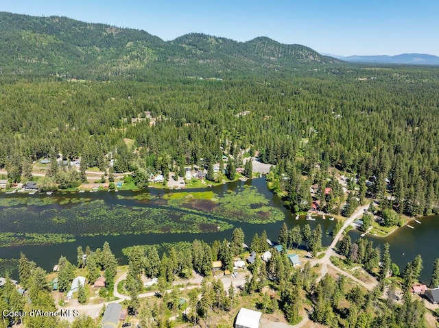7547 W Channel Ln, Rathdrum, ID 83858 - aerial overview of property's location with a heavily wooded area and a water and mountain view