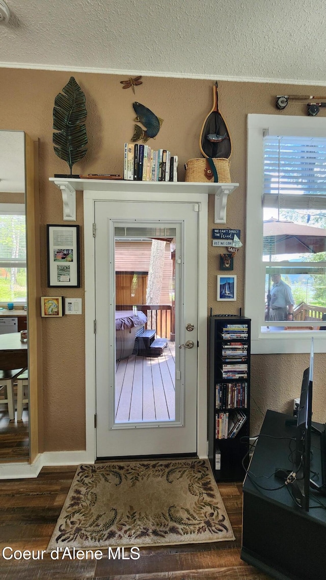 16646 E Cape Horn Rd, Bayview, ID 83803 - doorway to outside featuring a textured ceiling, healthy amount of natural light, dark wood-type flooring, and a textured wall