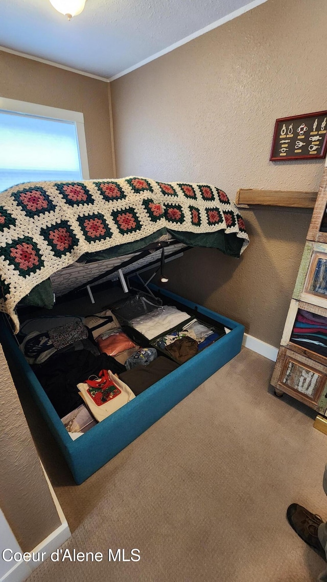16646 E Cape Horn Rd, Bayview, ID 83803 - carpeted bedroom with a textured wall, ornamental molding, and baseboards