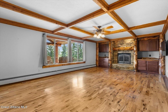 5239 E Dodd Rd, Hayden, ID 83835 - unfurnished living room with coffered ceiling, light wood-style floors, a stone fireplace, a baseboard heating unit, and ceiling fan