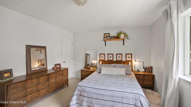 bedroom with light colored carpet