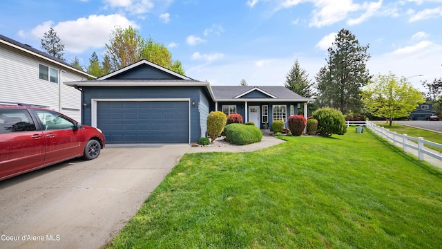 ranch-style home with an attached garage, concrete driveway, and a porch