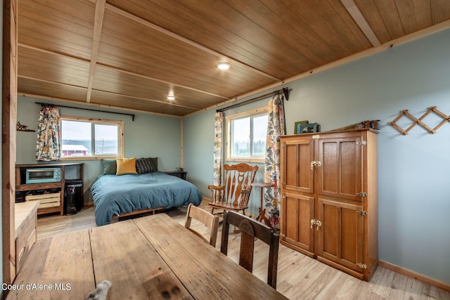 bedroom featuring wooden ceiling, light wood-type flooring, recessed lighting, and baseboards