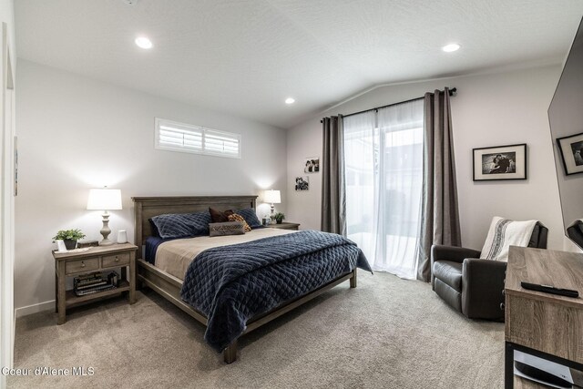 1769 N Chetco Dr, Post Falls, ID 83854 - bedroom featuring light carpet, vaulted ceiling, and recessed lighting