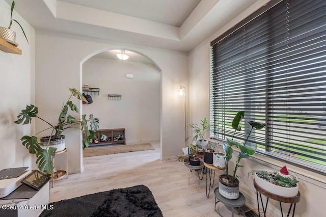 3316 N Van Winkle St, Post Falls, ID 83854 - corridor featuring arched walkways, wood finished floors, and a raised ceiling