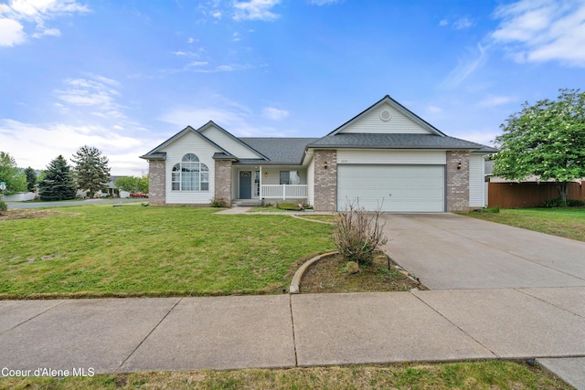 ranch-style home featuring brick siding, concrete driveway, a garage, and covered porch