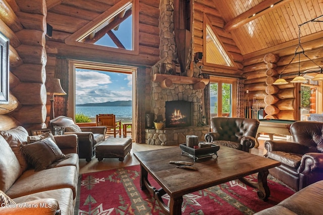 271 W Shore Ln, Sandpoint, ID 83864 - living room featuring wood finished floors, wood ceiling with exposed beams, high vaulted ceiling, a water view, and log walls