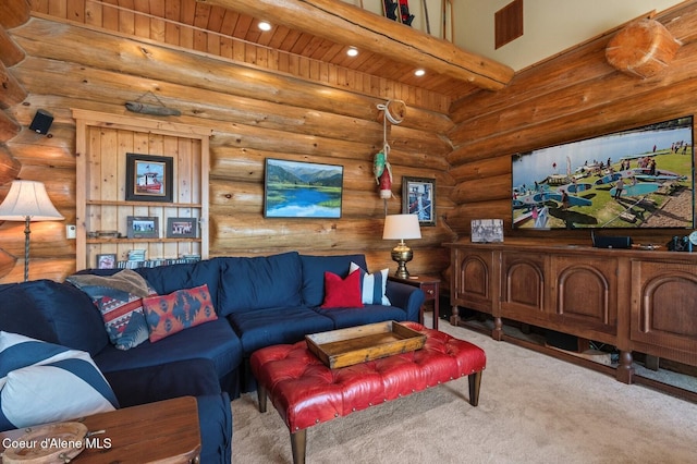 271 W Shore Ln, Sandpoint, ID 83864 - carpeted living room with log walls and recessed lighting