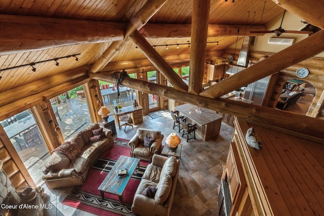 271 W Shore Ln, Sandpoint, ID 83864 - living area featuring wooden ceiling, log walls, ceiling fan, and rail lighting