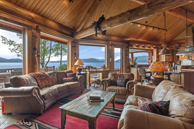 271 W Shore Ln, Sandpoint, ID 83864 - living area featuring track lighting, wood ceiling, and a water and mountain view