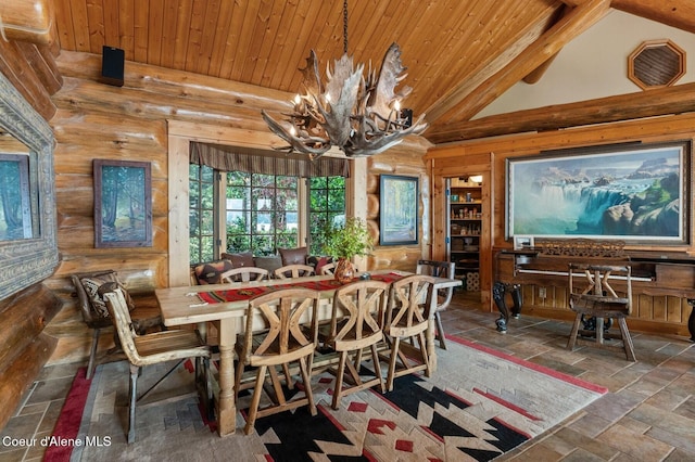 271 W Shore Ln, Sandpoint, ID 83864 - dining space featuring a chandelier, wooden ceiling, and stone finish floors