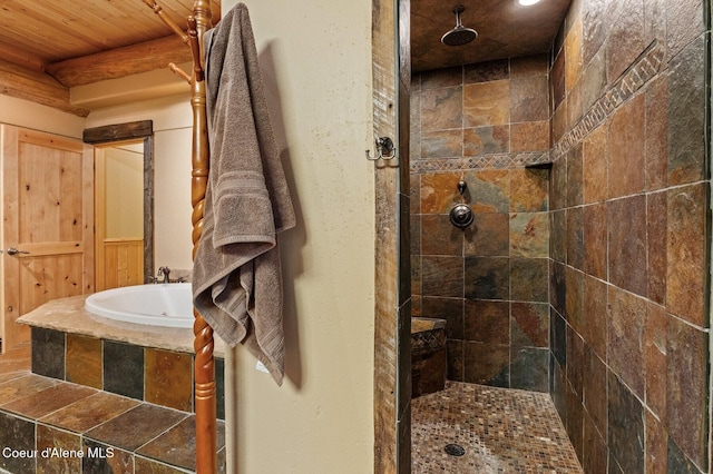 271 W Shore Ln, Sandpoint, ID 83864 - full bath featuring a tile shower, wooden ceiling with exposed beams, a sink, and recessed lighting
