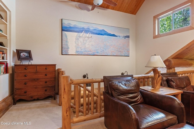 271 W Shore Ln, Sandpoint, ID 83864 - sitting room featuring a ceiling fan, carpet flooring, wood ceiling, and vaulted ceiling