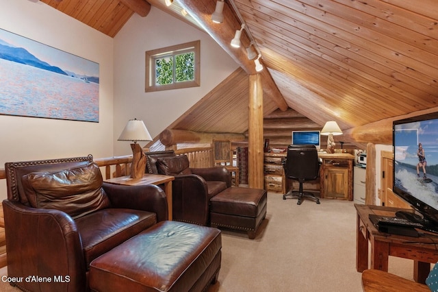 271 W Shore Ln, Sandpoint, ID 83864 - office featuring wooden ceiling, light colored carpet, rustic walls, and track lighting