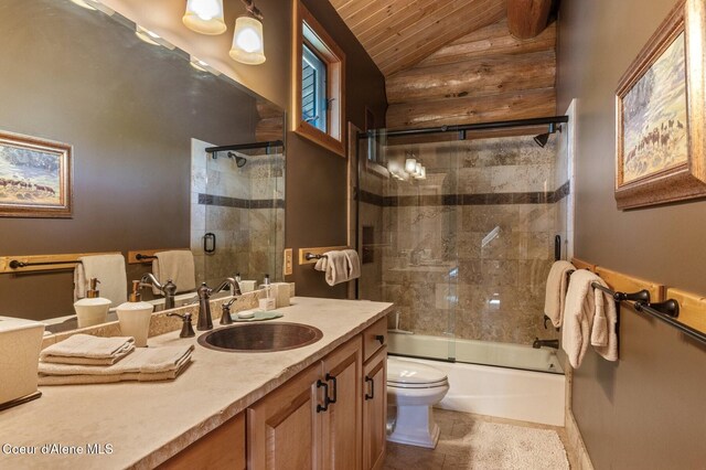 271 W Shore Ln, Sandpoint, ID 83864 - bathroom with vaulted ceiling, wood ceiling, vanity, bath / shower combo with glass door, and toilet