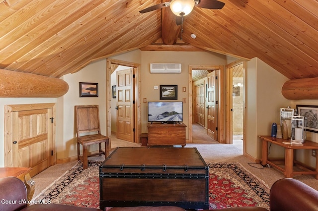 271 W Shore Ln, Sandpoint, ID 83864 - living room with a wall unit AC, carpet flooring, ceiling fan, lofted ceiling, and baseboards
